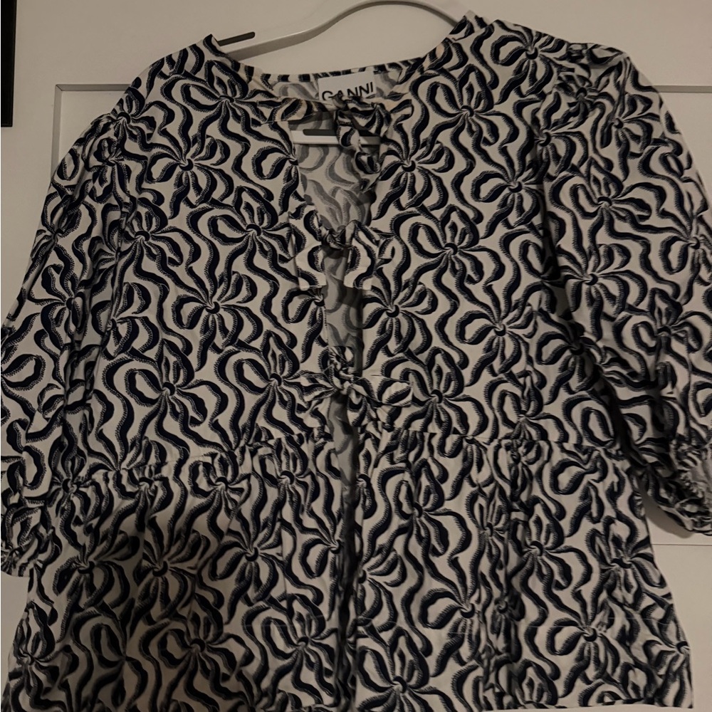 Ganni Navy and White Floral Tie-Front Blouse